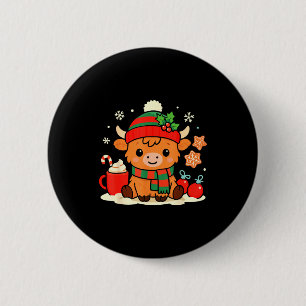 Badge Rond 5 Cm Joli Noël Highland Cow Génisse Xmas Ferme Anima