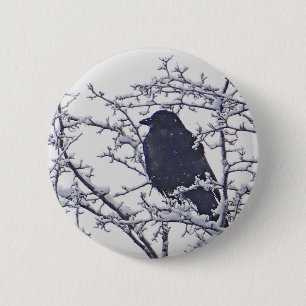 Badge Rond 5 Cm Joli oiseau noir en branches enneigées