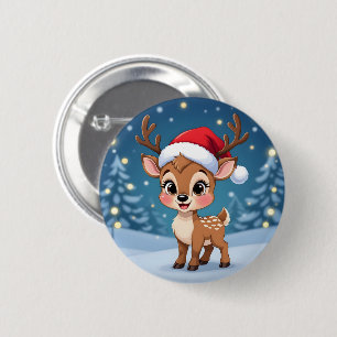 Badge Rond 5 Cm Joli petit renne avec un chapeau de Noël
