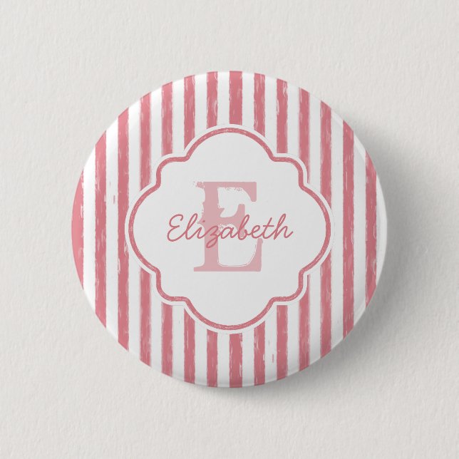 Badge Rond 5 Cm Joli Pink Peint Bandes Monogramme Avec Nom (Devant)