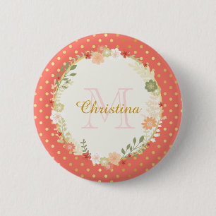 Badge Rond 5 Cm Joli Poeach Polka Dot Nom floral et Monogramme