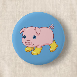 Badge Rond 5 Cm Joli Porcelet Cochon en Bottes en Caoutchouc Jaune