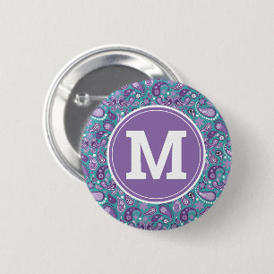 Badge Rond 5 Cm Joli shabby chic à motifs paisley violet et bleu