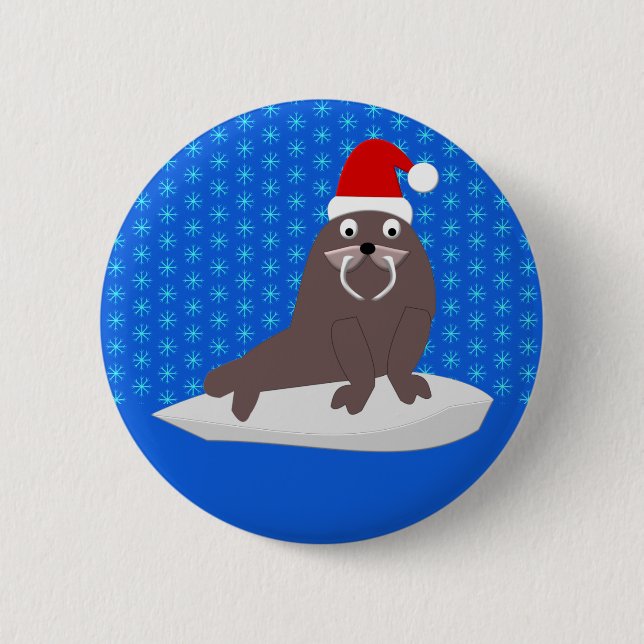 Badge Rond 5 Cm Joli Walrus de Noël et Snowflakes (Devant)