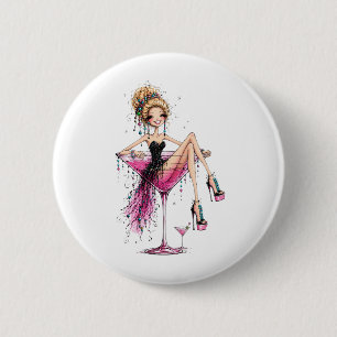 Badge Rond 5 Cm Jolie fille aguicheuse dans un verre à Martini