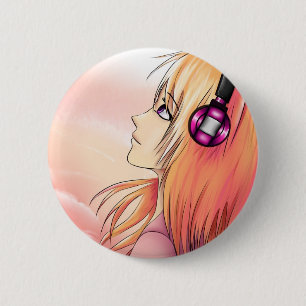 Badge Rond 5 Cm Jolie fille d'Anime au coucher du soleil