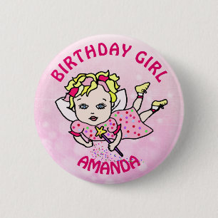 Badge Rond 5 Cm Jolie Fille d'Anniversaire Rose Personnalisée Fée