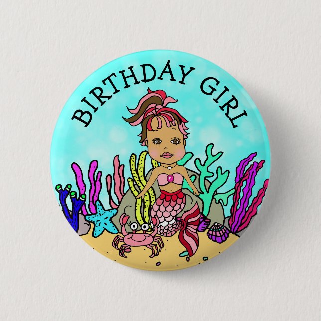 Badge Rond 5 Cm Jolie fille d'anniversaire sirène (Devant)