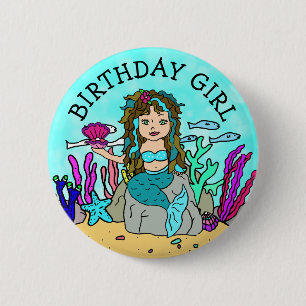 Badge Rond 5 Cm Jolie fille d'anniversaire sirène