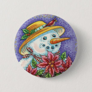 Badge Rond 5 Cm Jolie fille de Noël Bonhomme de neige avec Poinset
