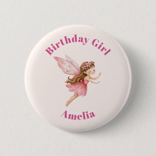 Badge Rond 5 Cm Jolie Fille Fée dans une Robe Rose Fille d'Anniver