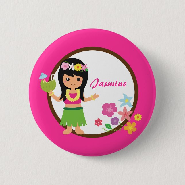 Badge Rond 5 Cm Jolie Fille Hula Thème Luau Hawaïen (Devant)