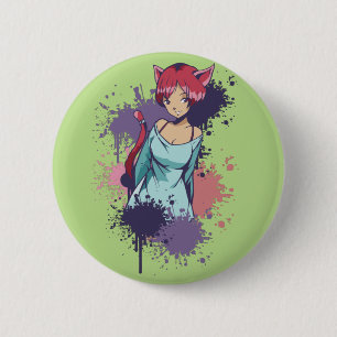 Badge Rond 5 Cm Jolie Fille Neko - Fille au Chat Cerise