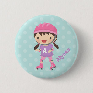 Badge Rond 5 Cm Jolie Fille Patineuse à Roulettes Pour Filles