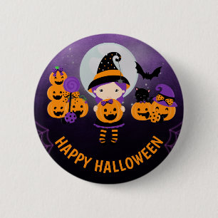 Badge Rond 5 Cm Jolie fille sorcière et citrouilles Joyeux Hallowe