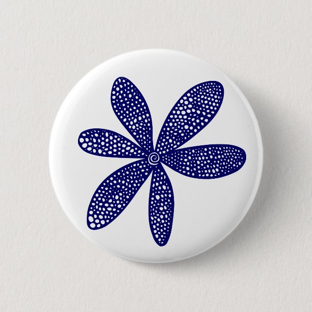 Badge Rond 5 Cm Jolie fleur - Bleu marine profond sur blanc (Devant)