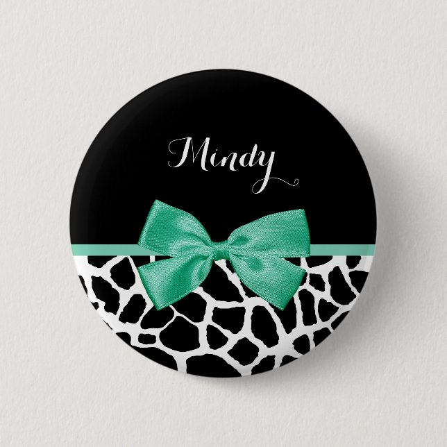 Badge Rond 5 Cm Jolie Giraffe Imprimé Monnaie Vert Bow avec nom (Devant)