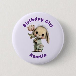Badge Rond 5 Cm Jolie lapine tenant un tulipe pour une fille d'ann