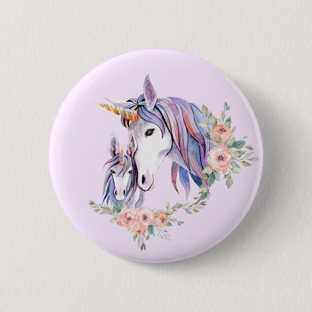 Badge Rond 5 Cm Jolie licorne maman & bébé aquarelle Floral (Devant)