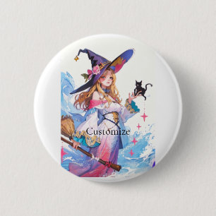 Badge Rond 5 Cm Jolie Sorcière tenant Chat noir Thunder_Cove