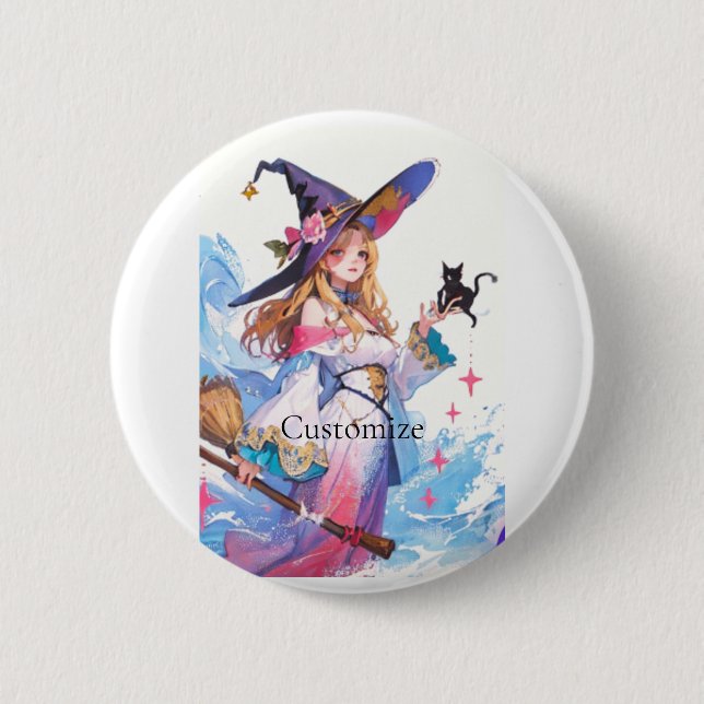 Badge Rond 5 Cm Jolie Sorcière tenant Chat noir Thunder_Cove (Devant)