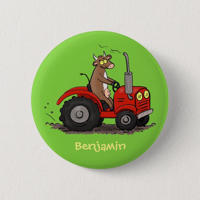 Badge Rond 5 Cm Jolie vache heureuse conduisant un dessin animé de (Devant)
