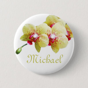 Badge Rond 5 Cm jolies fleurs d'orchidée jaune nom personnel bouto