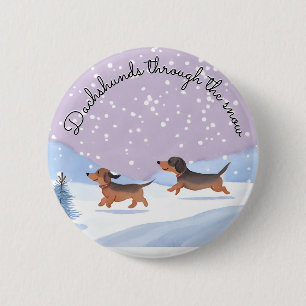 Badge Rond 5 Cm Jolis chiens de Noël teckel saucisses neige Doxie