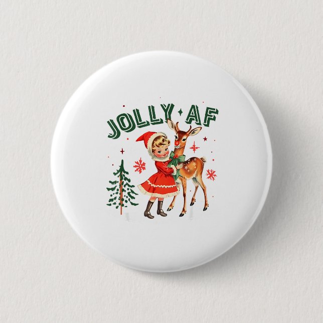 Badge Rond 5 Cm Jolly Af Christmas Retro 50s Cute Girl And Deer Vi (Devant)