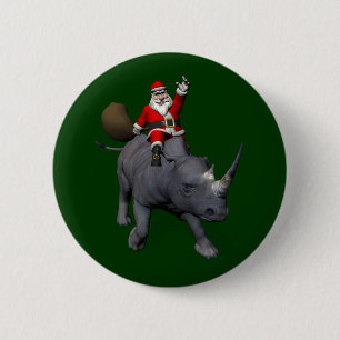 Badge Rond 5 Cm Jolly Père Noël À cheval Sur Un Rhino