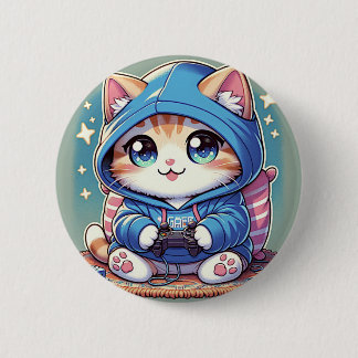Badge Rond 5 Cm Jouer Chat Gamer dans un cadre confortable