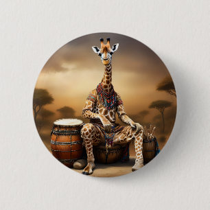 Badge Rond 5 Cm Joueur à tambour Bongo en Giraffe africaine,