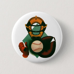 Badge Rond 5 Cm Joueur de baseball vintage, receveur avec gant