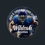 Badge Rond 5 Cm Joueur de football personnalisé photo Esprit école<br><div class="desc">Ce cool customisé bouton esprit photo du joueur de football de lycée comprend la typographie blanche de votre équipe et le nom du joueur. Personnalisez avec le type de mascotte à travers la photo de l'athlète.</div>