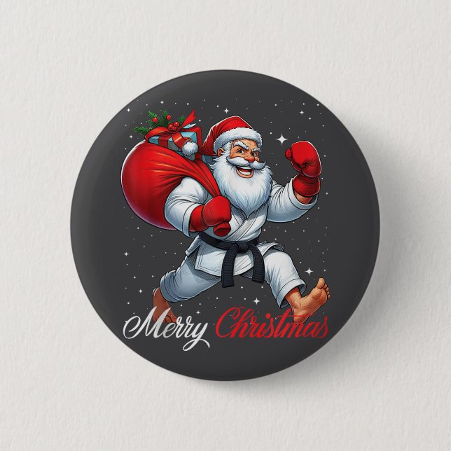 Badge Rond 5 Cm Joueur de karaté du Père Noël Joyeux Noël Neige Xm (Devant)