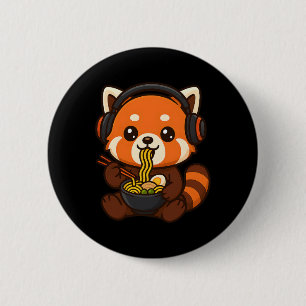 Badge Rond 5 Cm Joueur de Red Panda Gaming mangeant du Ramen 