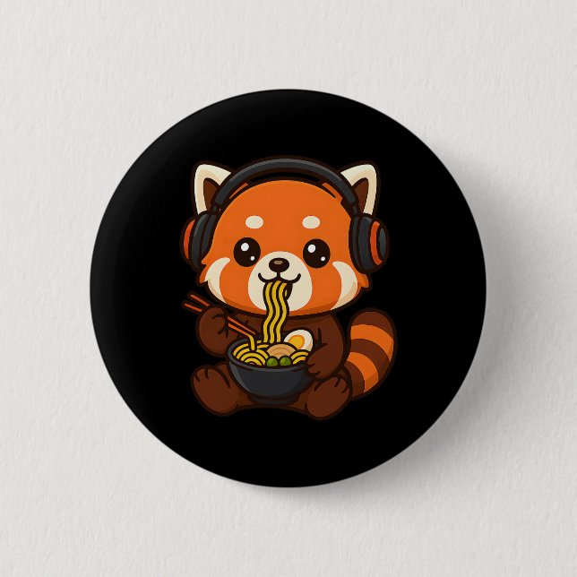 Badge Rond 5 Cm Joueur de Red Panda Gaming mangeant du Ramen  (Devant)