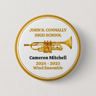 Badge Rond 5 Cm Joueur de Trompette École Secondaire Orchestre Or