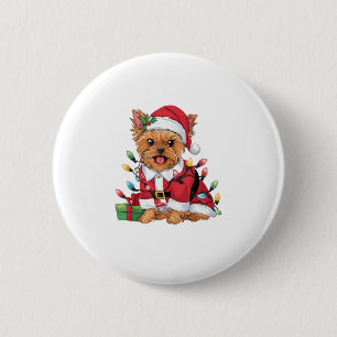 Badge Rond 5 Cm Jour de Noël Éclairage Père Noël Yorkie Chien Noël