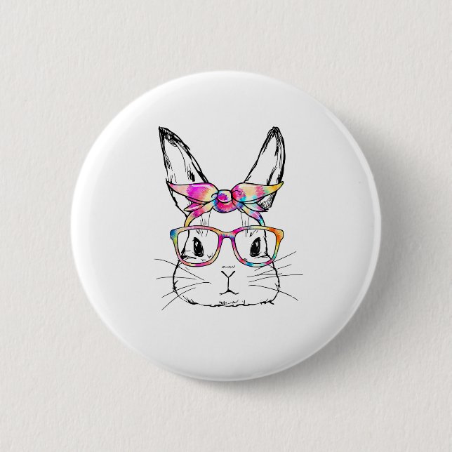 Badge Rond 5 Cm Jour de Pâques Mignonne lapin Visage Tie Dye Lunet (Devant)