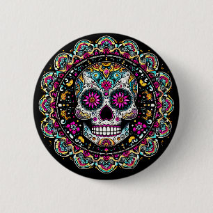 Badge Rond 5 Cm Jour Día de Muertos De L'Halloween Mandala Morte