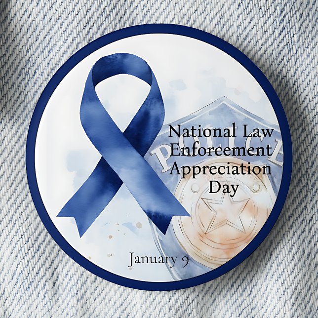 Badge Rond 5 Cm Jour national d'appréciation de l'application de l (Blue awareness ribbon National Law Enforcement Appreciation Day pinback button.  January 9.)