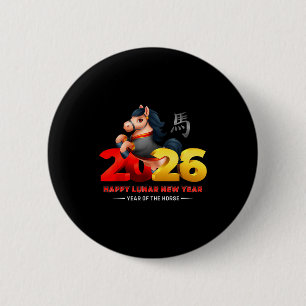 Badge Rond 5 Cm Joyeuse année du cheval - Noir Fun Happy Nouvel An