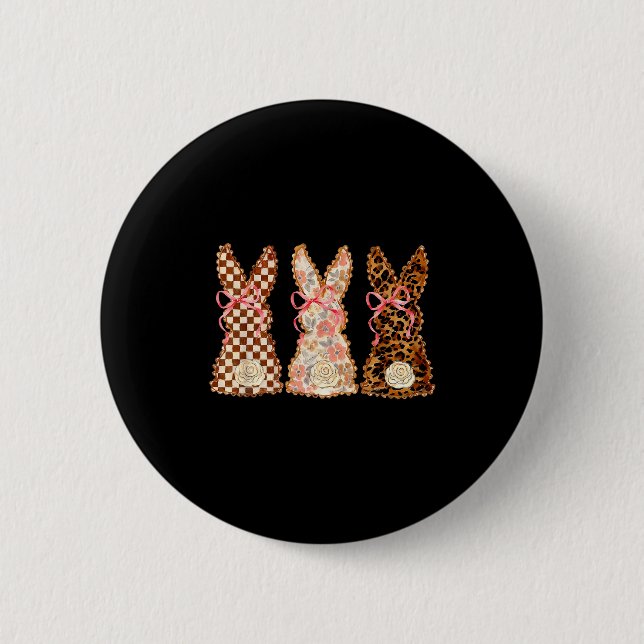 Badge Rond 5 Cm Joyeuse fête de Pâques Trois Lapins Patchwork Drôl (Devant)