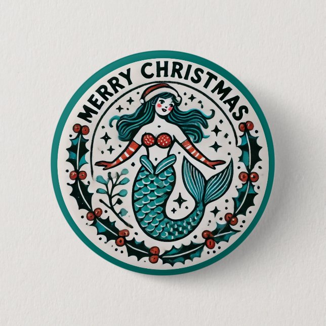 Badge Rond 5 Cm Joyeuse sirène de Noël (Devant)