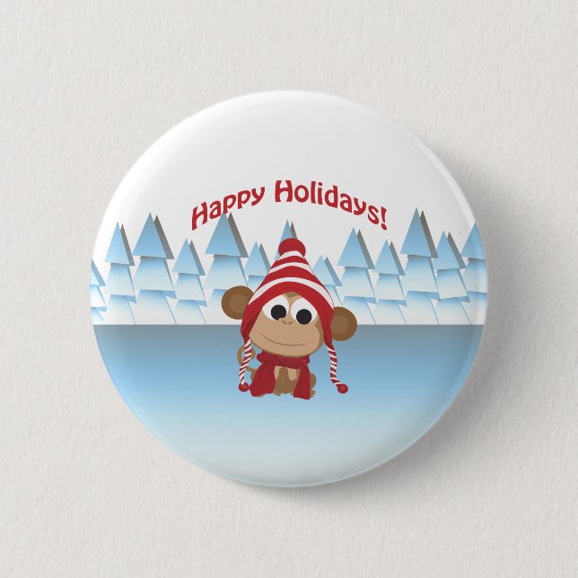 Badge Rond 5 Cm Joyeuses fêtes ! Singe d'hiver (Devant)