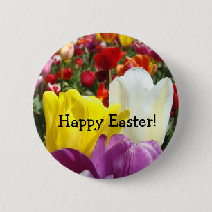 Badge Rond 5 Cm Joyeuses Pâques ! boutons Coloré Tulipe Fleurs