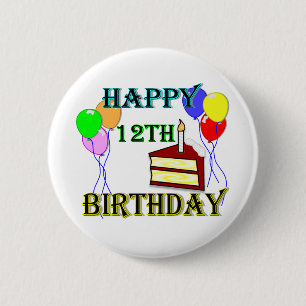Badge Rond 5 Cm Joyeux 12ème anniversaire avec le gâteau, les