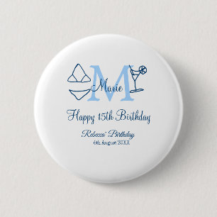 Badge Rond 5 Cm Joyeux 15e anniversaire bleu ajouter nom monogramm