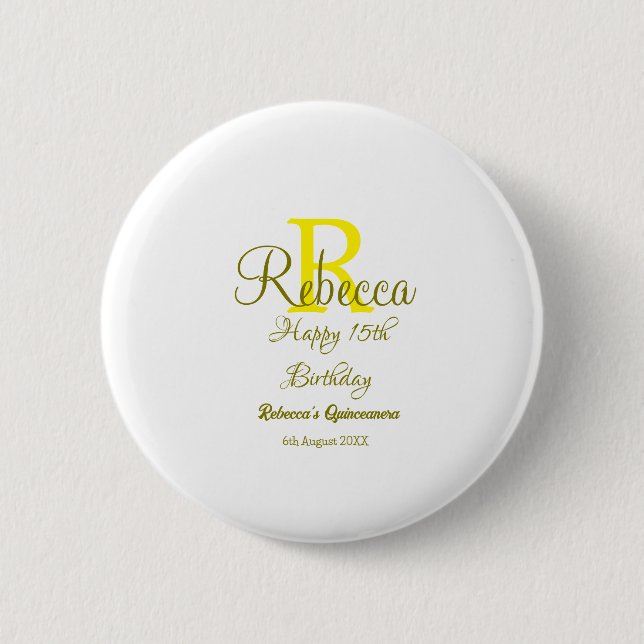 Badge Rond 5 Cm Joyeux 15e anniversaire jaune ajouter nom monogram (Devant)